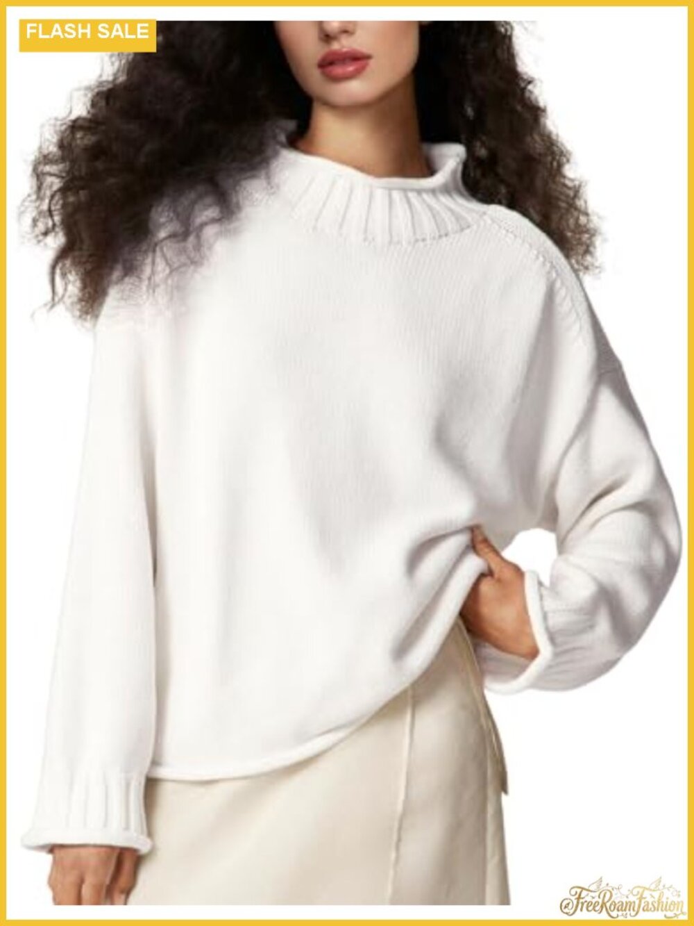 Womens Rollneck Sweater Oversized Cotton Knit Pullover